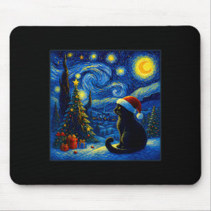Black Cat Santa Hat Van Gogh Starry Night Christma Mouse Pad