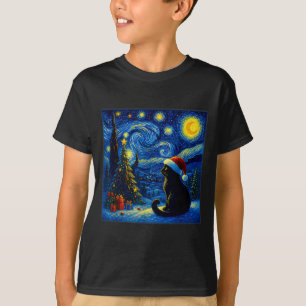 Black Cat Santa Hat Van Gogh Starry Night Christma T-Shirt