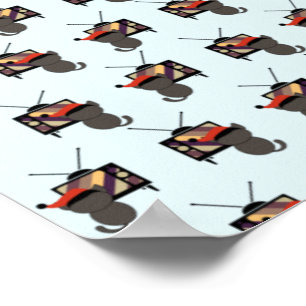 Black Cat Santa Hat Watching TV Retro Vintage Poster