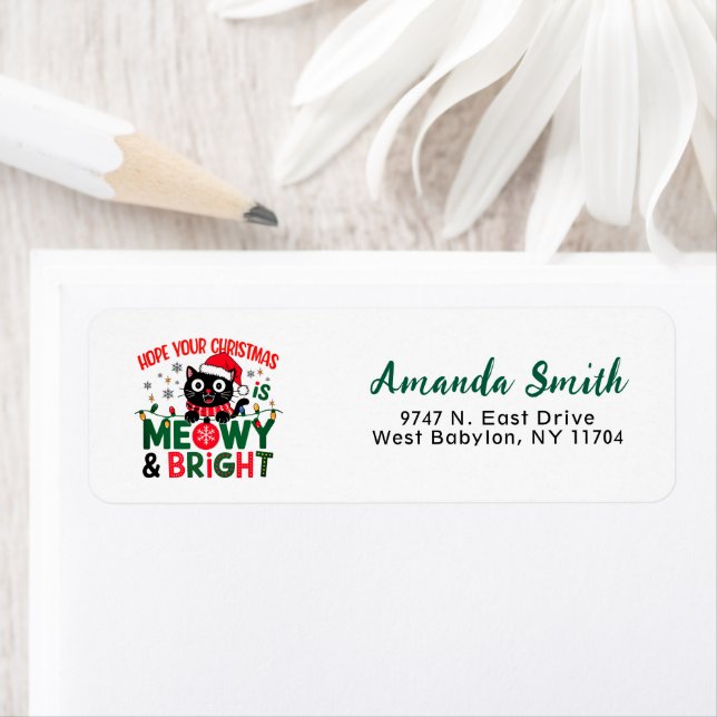Black Cat Santa Meowy & Bright Return Address  Label (Insitu)