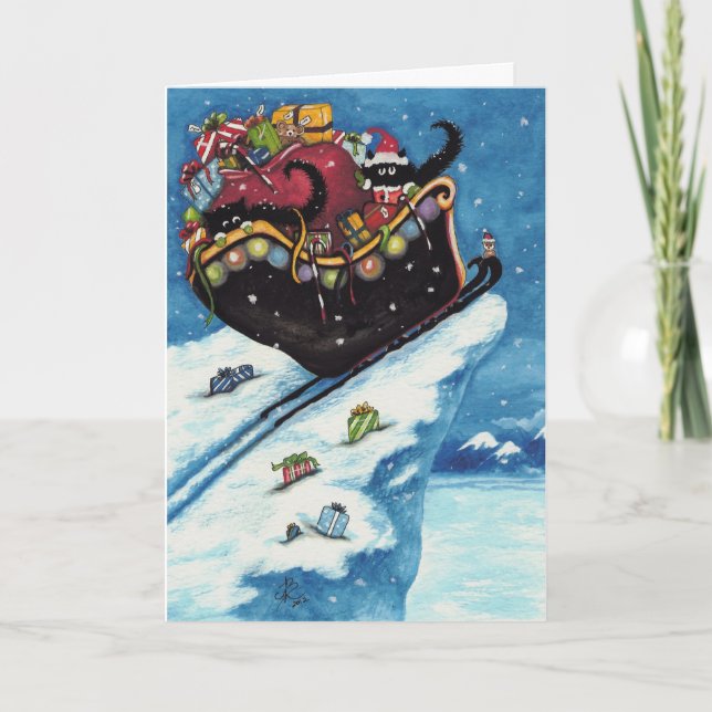 Black Cat Santa Sleigh by Bihrle Holiday Card (Front)