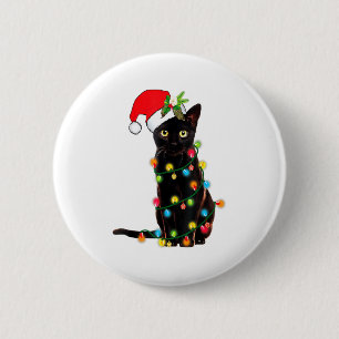 Black Cat Santa Tangled Up In Christmas Lights _1  6 Cm Round Badge