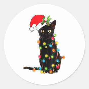 Black Cat Santa Tangled Up In Christmas Lights _1 Classic Round Sticker