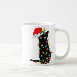 Black Cat Santa Tangled Up In Christmas Lights _1  Coffee Mug