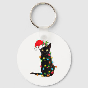 Black Cat Santa Tangled Up In Christmas Lights _1 Key Ring