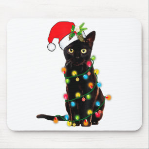 Black Cat Santa Tangled Up In Christmas Lights _1 Mouse Pad
