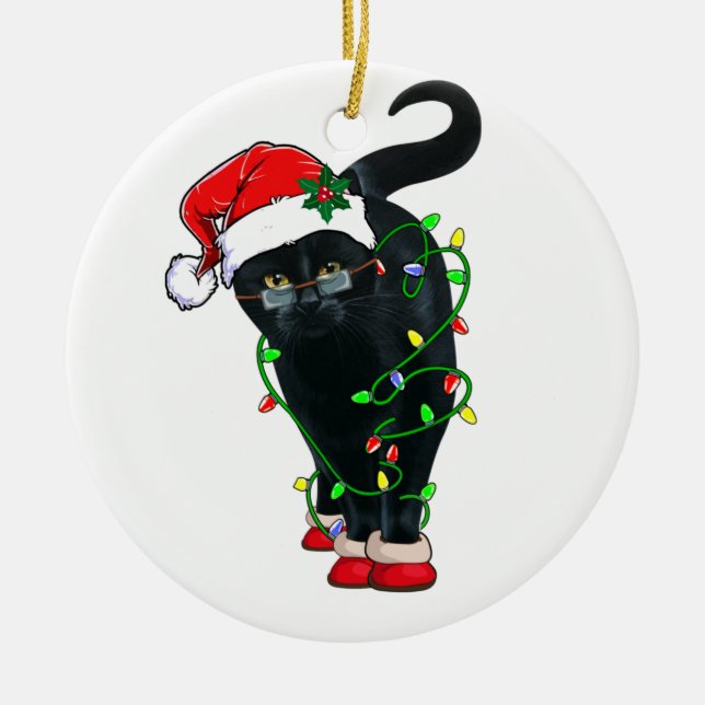 Black Cat Santa Tangled Up In Christmas Lights Ceramic Ornament (Front)