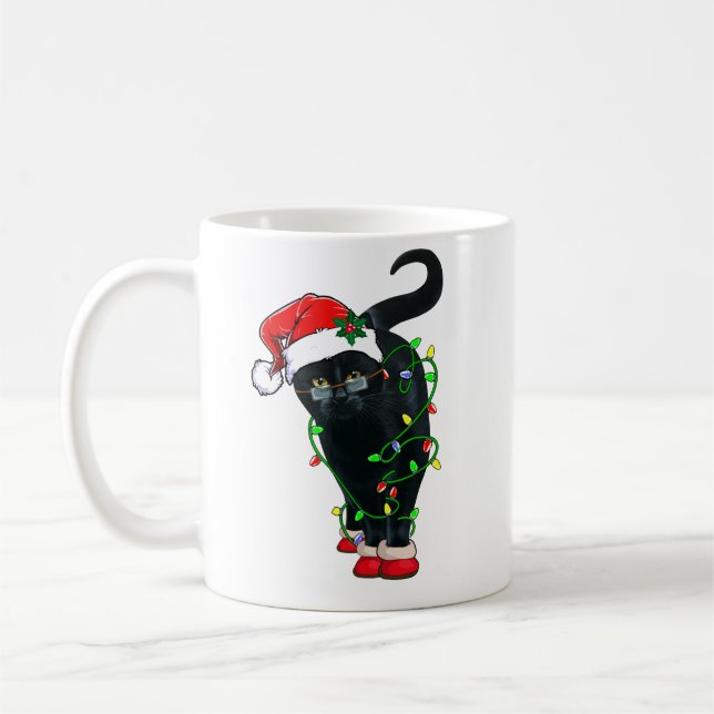 Black Cat Santa Tangled Up In Christmas Lights Coffee Mug (Left)