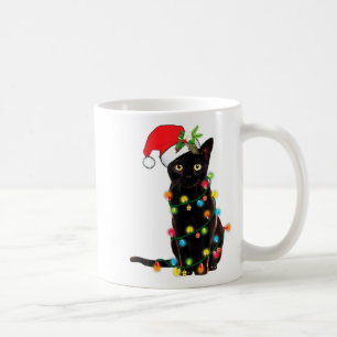 Black Cat Santa Tangled Up In Christmas Lights Coffee Mug