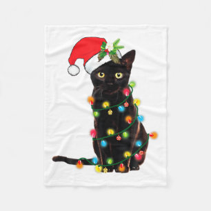 Black Cat Santa Tangled Up In Christmas Lights  Fleece Blanket