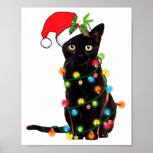 Black Cat Santa Tangled Up In Christmas Lights Poster
