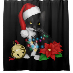 Black Cat Santa Tangled Up In Christmas Lights Shower Curtain