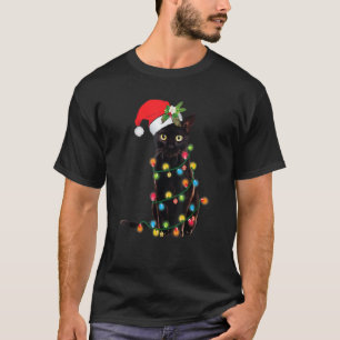 Black Cat Santa Tangled Up In Christmas Lights T-Shirt