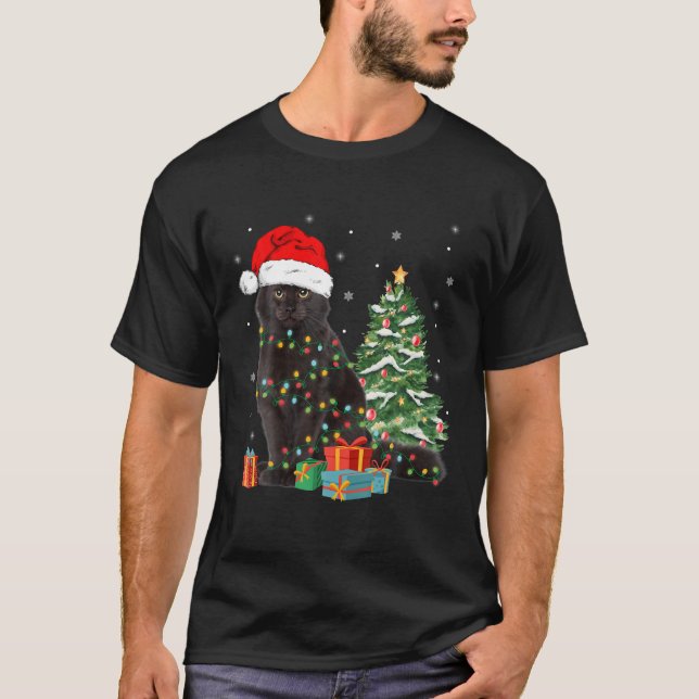 Black Cat Santa Tangled Up In Christmas Lights Xma T-Shirt (Front)