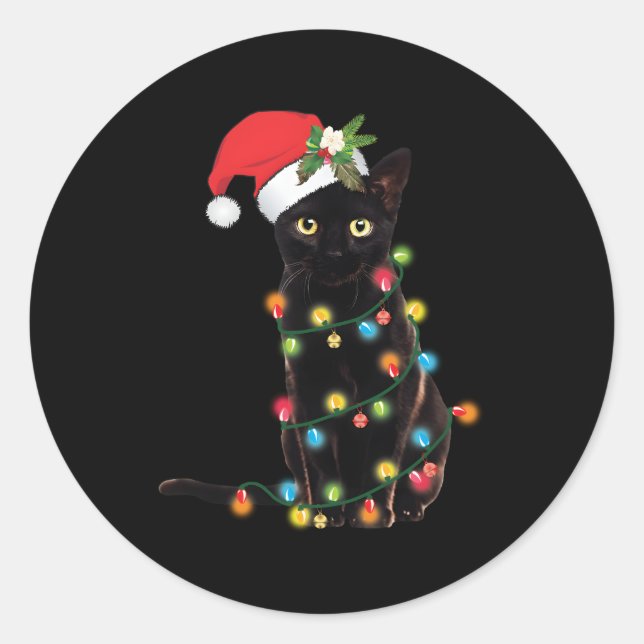 Black Cat Santa Tangled Up In Lights Classic Round Sticker (Front)