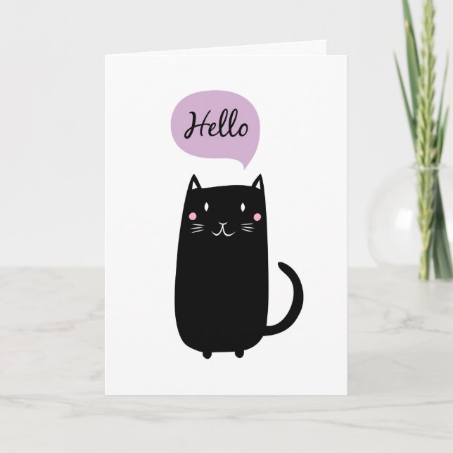 Black cat saying Hello Card (Front)