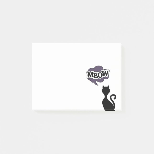 Black cat says meow, cute kitten silhouette post-it notes (Front)