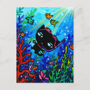 Black Cat Scuba Dive Fish Marine Art Postcard