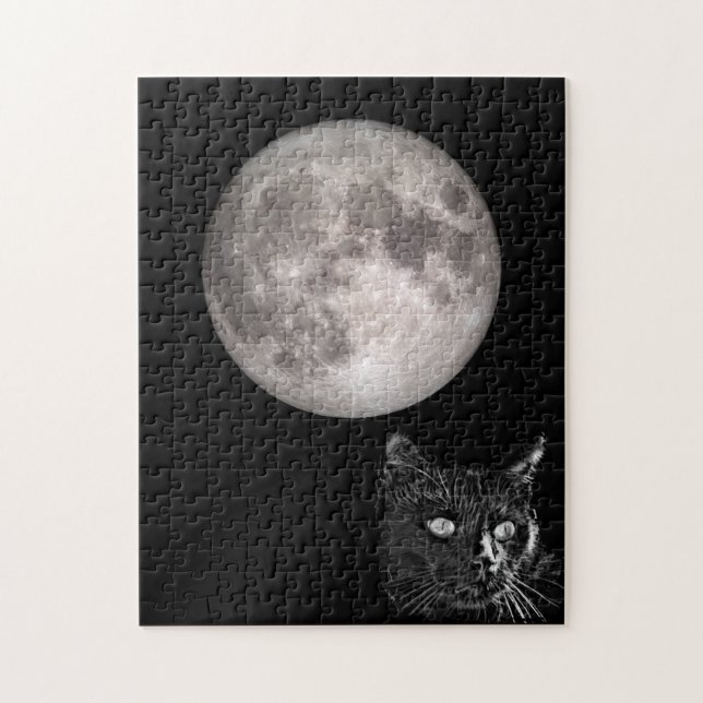 Black cat shadow full moon jigsaw puzzle (Vertical)