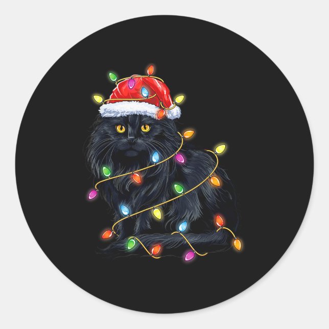 Black Cat Shirt Christmas Lights Funny Santa Cat F Classic Round Sticker (Front)