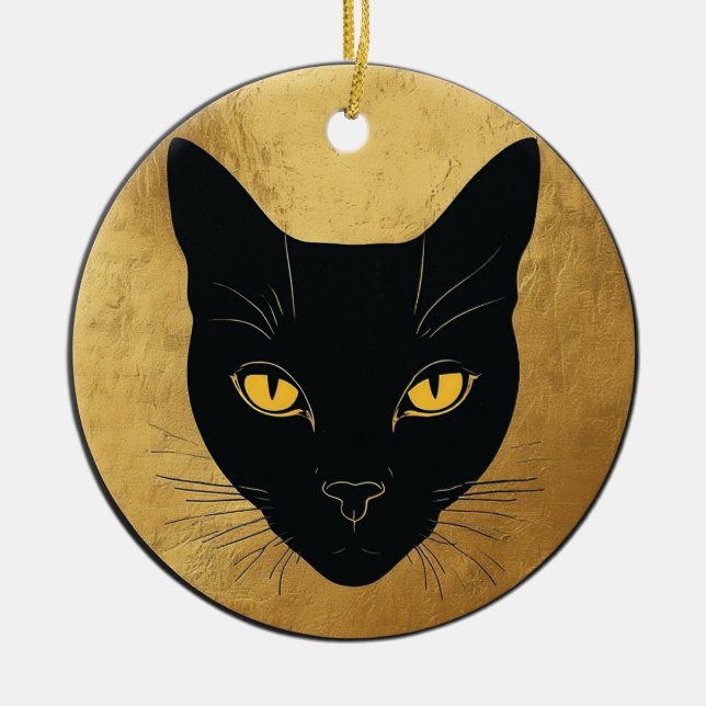 Black Cat Silhouette Against a Gold Circle Ceramic Ornament (Front)