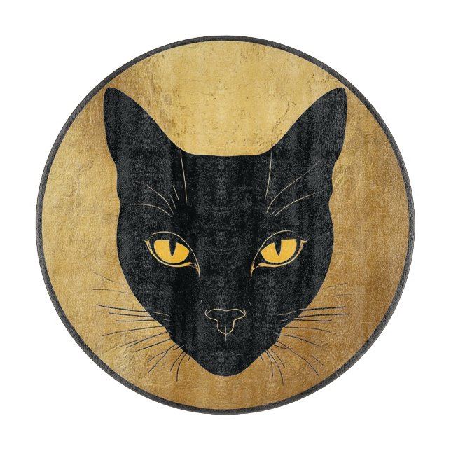 Black Cat Silhouette Against a Gold Circle Cutting Board (Front)