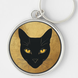 Black Cat Silhouette Against a Gold Circle Key Ring