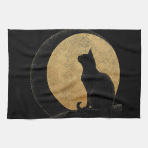 Black Cat Silhouette Against a Golden Moon Tea Towel