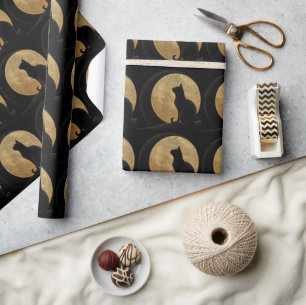 Black Cat Silhouette Against a Golden Moon Wrapping Paper