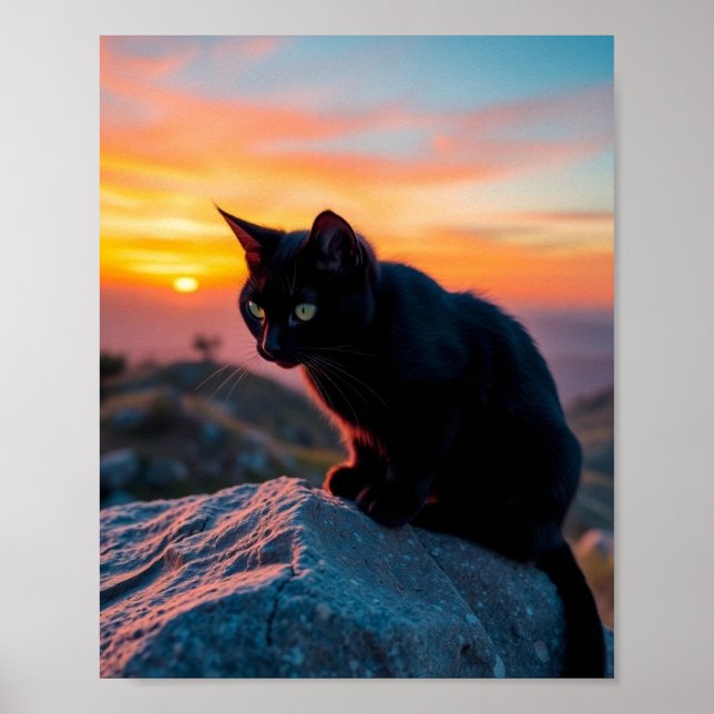 Black Cat Silhouette at Sunset Wall Art (Front)