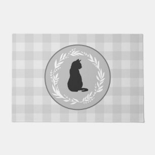 Black Cat Silhouette Buffalo Check Pattern Gray Doormat