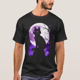 Black Cat Silhouette Full Moon Halloween Simple Co T-Shirt