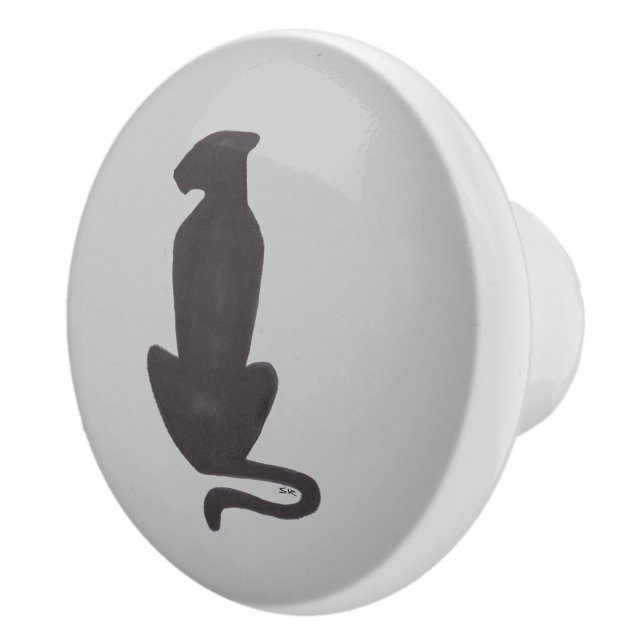Black Cat Silhouette grey ceramic knob (Right)
