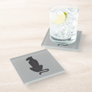 Black Cat Silhouette grey glass coaster