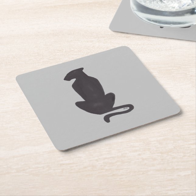 Black Cat Silhouette grey paper coasters (Angled)