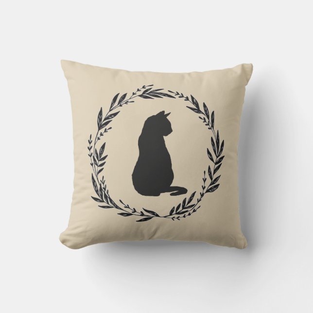 Black Cat Silhouette Halloween Fall Throw Pillow (Front)