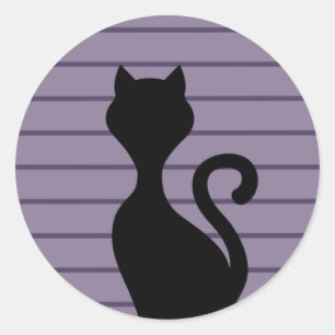Black cat silhouette in purple background classic round sticker