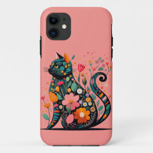 Black Cat silhouette made of colorful flowers iPhone 11 Case