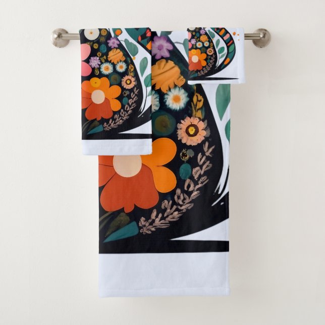 Black Cat silhouette made of colourful flowers Bath Towel Set (Insitu)