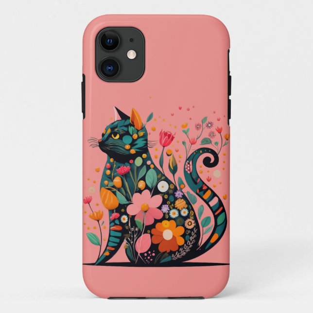 Black Cat silhouette made of colourful flowers Case-Mate iPhone Case (Back)