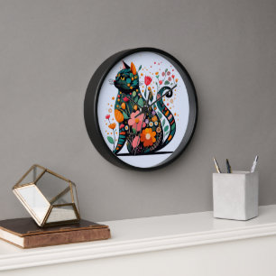 Black Cat silhouette made of colourful flowers Clock