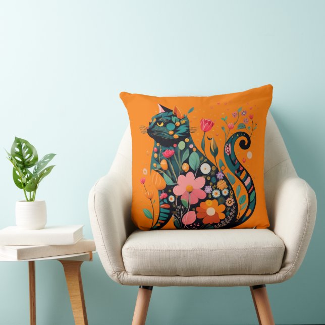 Black Cat silhouette made of colourful flowers Cushion (Chair)