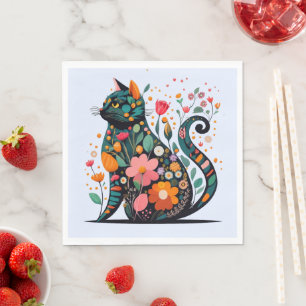Black Cat silhouette made of colourful flowers Napkin