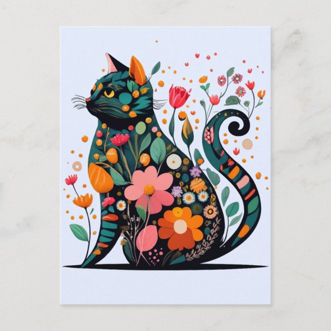 Black Cat silhouette made of colourful flowers Postcard (Front)