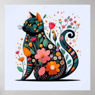 Black Cat silhouette made of colourful flowers Poster