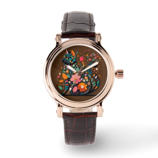 Black Cat silhouette made of colourful flowers Watch (Front)