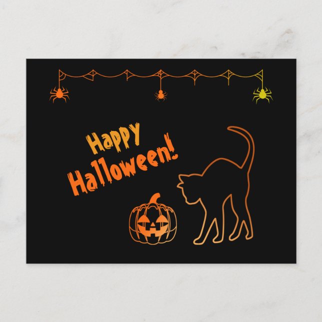 Black Cat Silhouette Neon Happy Halloween Postcard (Front)