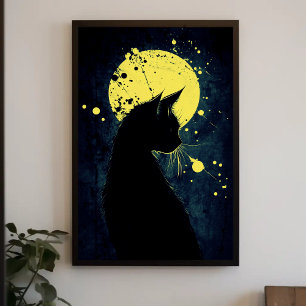 Black Cat Silhouette on a Yellow Moon Poster