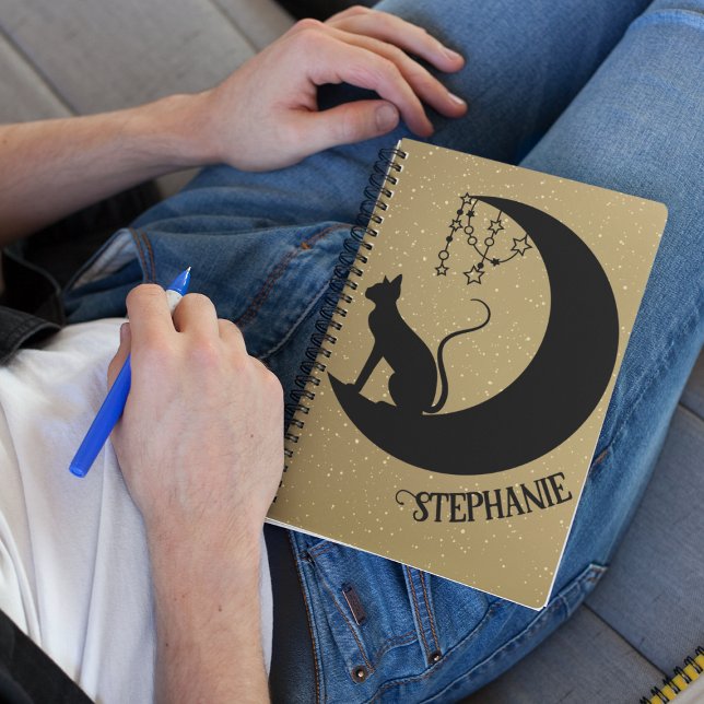 Black Cat Silhouette On Gold Glitter Night Sky Notebook (Creator Uploaded)