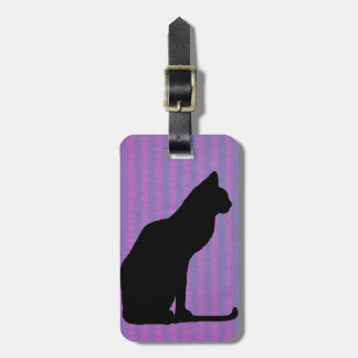 Black Cat Silhouette on Purple Stripes Luggage Tag